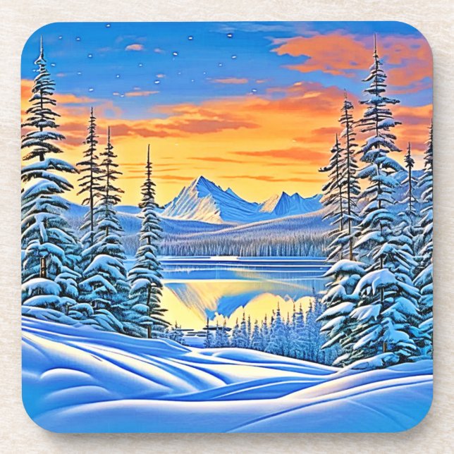 Snowy Mountain Sunset Glow Coaster (Front)