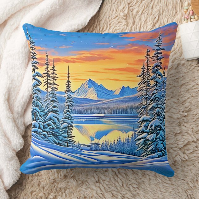 Snowy Mountain Sunset Glow Cushion (Blanket)