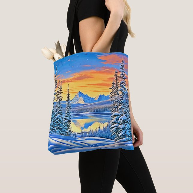 Snowy Mountain Sunset Glow Tote Bag (Close Up)