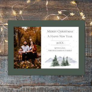 Snowy Mountain Top   Green Photo Holiday Card