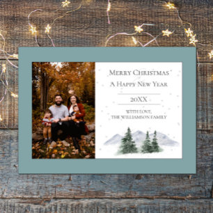 Snowy Mountain Top   Teal Photo Holiday Card