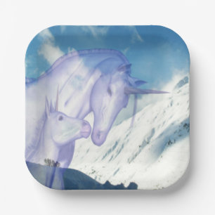 Snowy Mountain Unicorn Mum and Baby Paper Plate