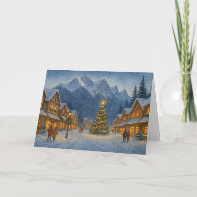 Snowy Mountain Village Christmas Card (Front)