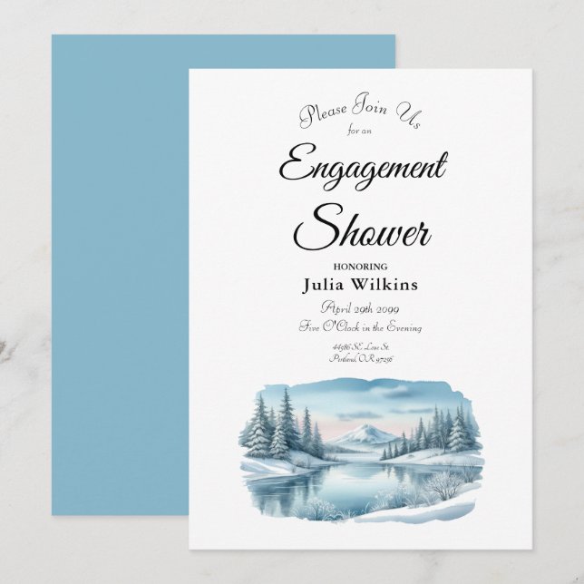 Snowy Mountain Winter Lake Engagement Shower Invitation (Front/Back)