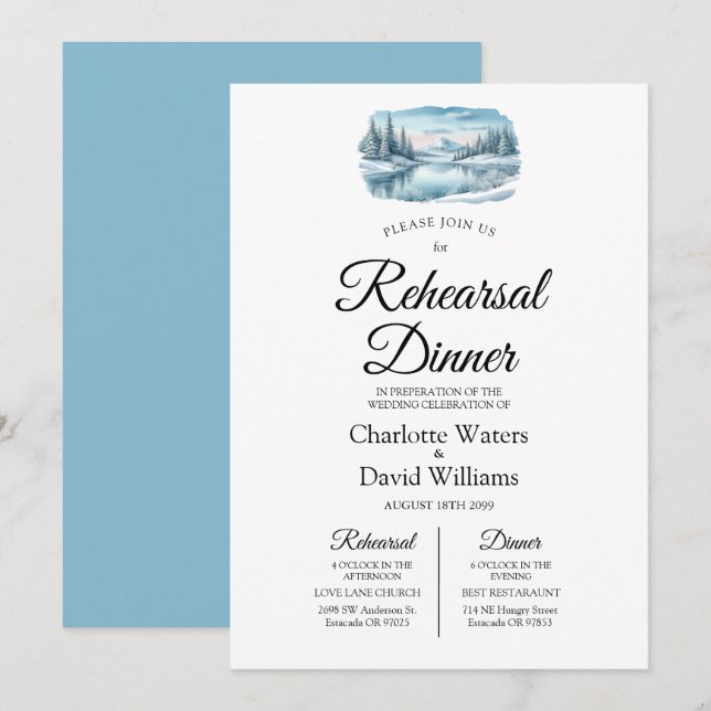 Snowy Mountain Winter Lake Rehearsal Dinner Invitation (Front/Back)