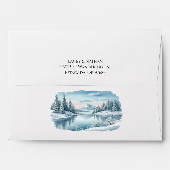 Snowy Mountain Winter Lake Wedding Envelope (Back (Top Flap))