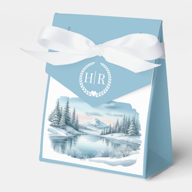 Snowy Mountain Winter Lake Wedding Favour Box (Front Side)