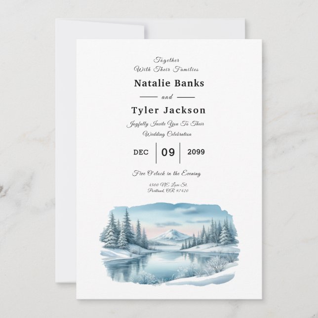 Snowy Mountain Winter Lake Wedding Invitation (Front)