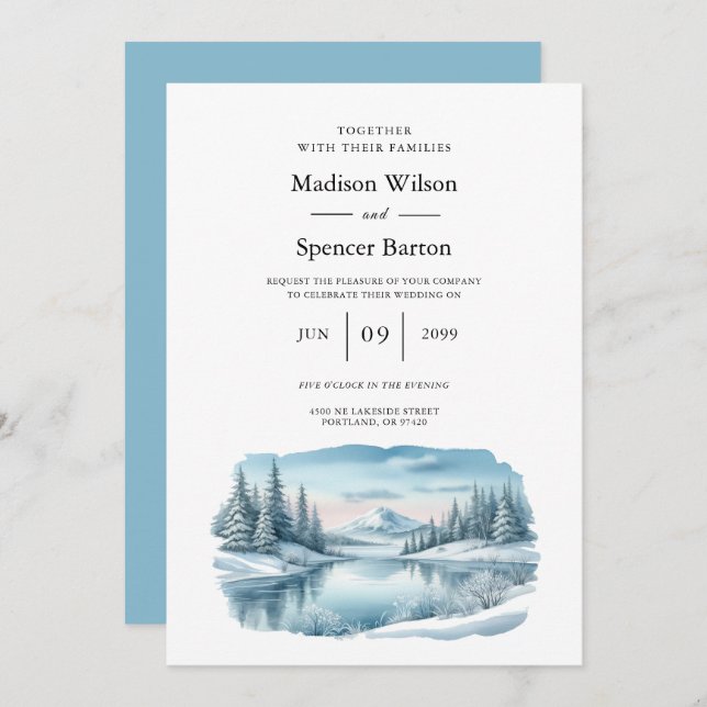 Snowy Mountain Winter Lake Wedding Invitation (Front/Back)