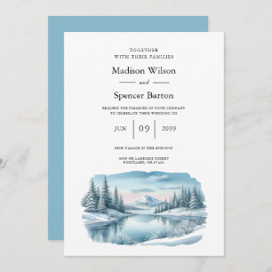 Snowy Mountain Winter Lake Wedding Invitation