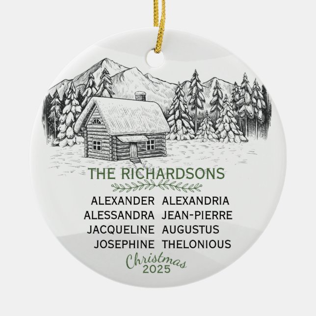 Snowy Mountain Winter Log Cabin X8 Ceramic Tree Decoration (Front)