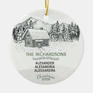Snowy Mountain Winter Log Cabin X 3 Ceramic Tree Decoration
