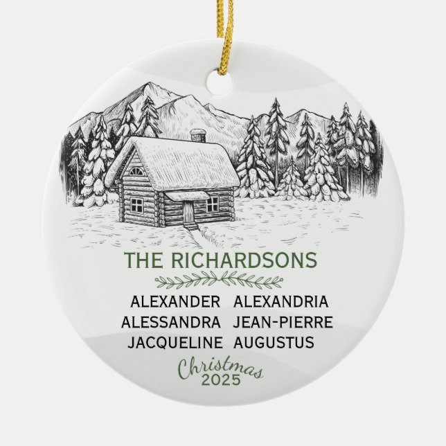 Snowy Mountain Winter Log Cabin X 6 Ceramic Tree Decoration (Front)