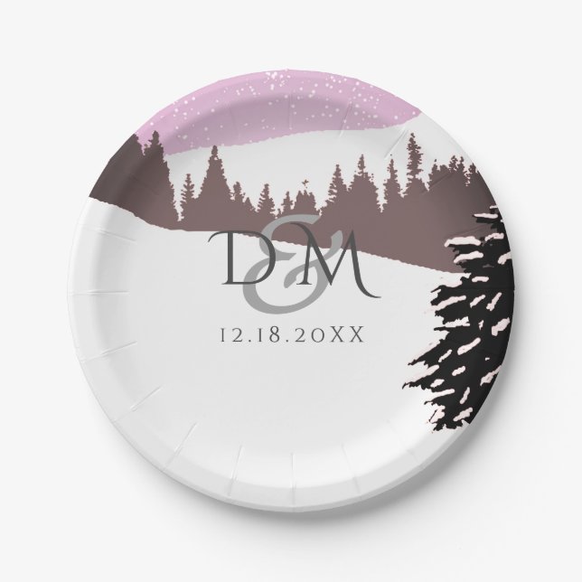 Snowy Mountain Winter Wedding Paper Plate (Front)