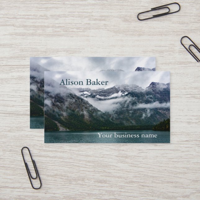 Snowy mountains in the fog at Plansee lake  Business Card (Front/Back In Situ)