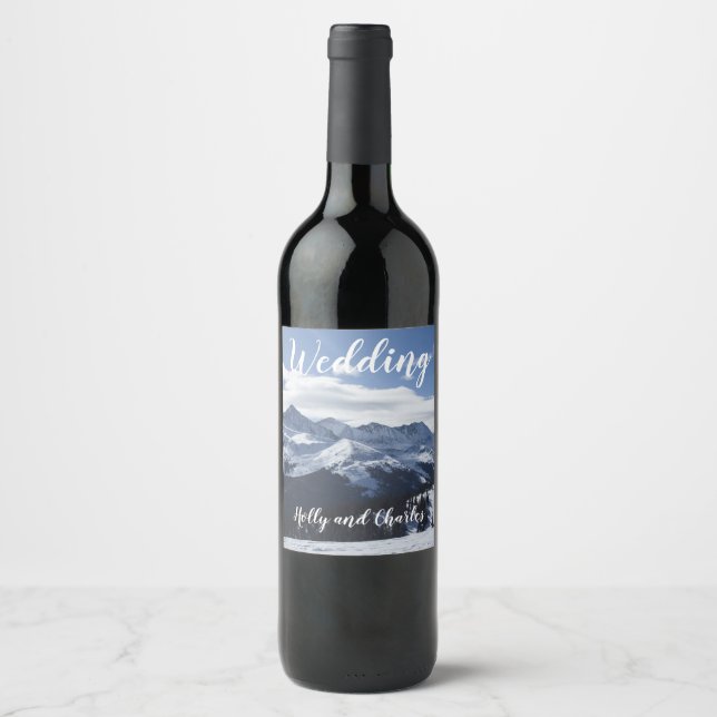 Snowy Mountains Scene Wedding Wine Label (Front)