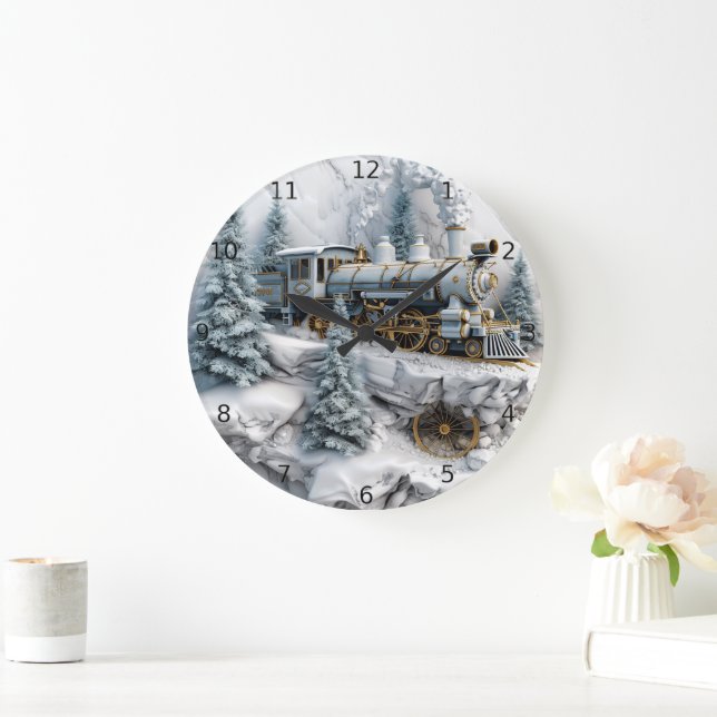Snowy mountains with steam train AI art Large Clock (Home)
