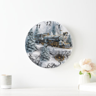 Snowy mountains with steam train AI art Large Clock