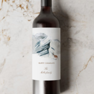 Snowy Mountains Woodland Elegant Holiday Wine Label