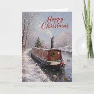 Snowy Narrowboat Canal Christmas Scene Card