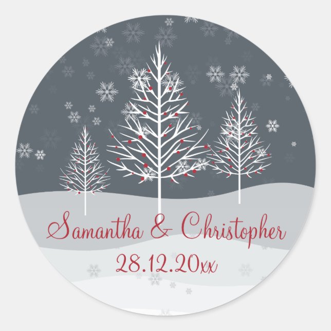 Snowy Night and Winter Trees Wedding Classic Round Sticker (Front)