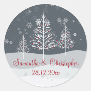 Snowy Night and Winter Trees Wedding Classic Round Sticker