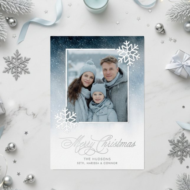 Snowy Night Blue Foil Merry Christmas Foil Holiday Card (Creator Uploaded)