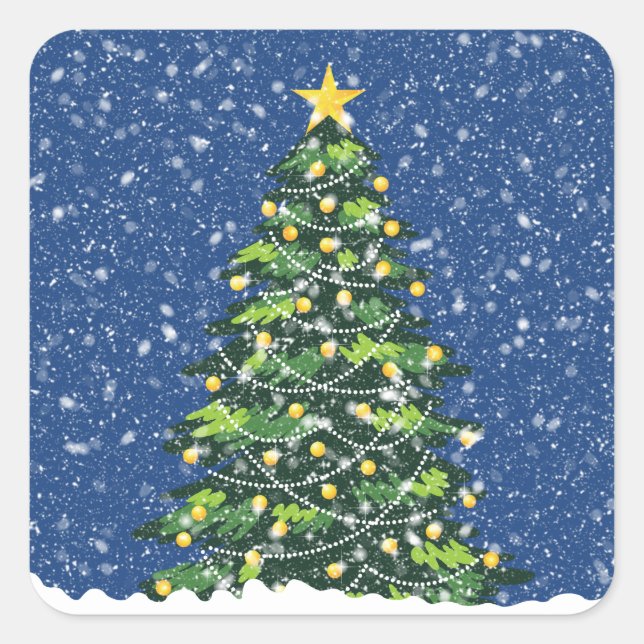 Snowy Night Christmas Tree Square Sticker (Front)
