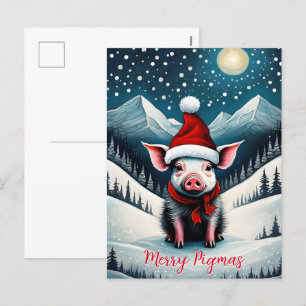 Snowy Night Cute Baby Pig Merry Pigmas Christmas  Holiday Postcard