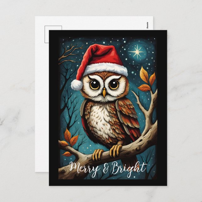Snowy Night Cute Owl Merry & Bright Christmas  Holiday Postcard (Front/Back)