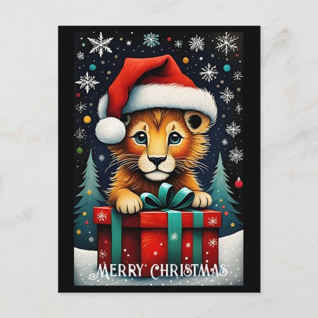 Snowy Night Cute Santa Baby Lion Christmas Postcard (Front)