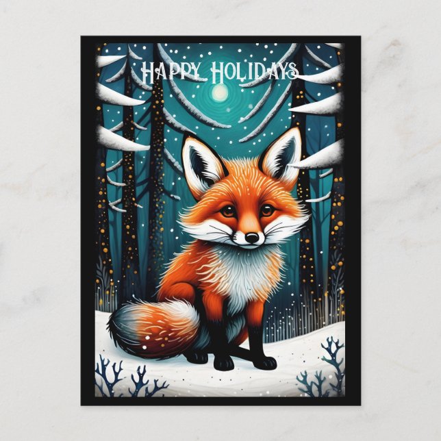 Snowy Night Forest Cute Fox Christmas Holidays Postcard (Front)