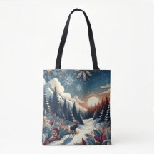 Snowy Night Moose Forest Mountains Boho Pattern