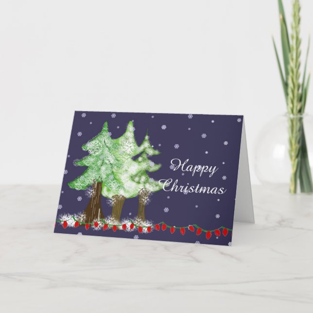 Snowy Night Snow Dusted Christmas Trees Holiday Card (Front)