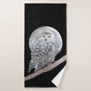 Snowy Owl and Moon Painting - Original Bird Art Bath Towel Set