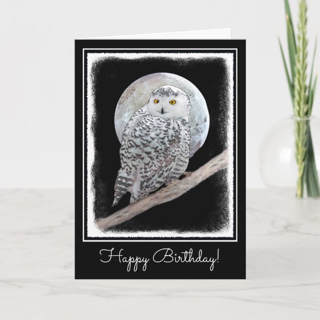 Snowy Owl and Moon Painting - Original Bird Art Card (Front)