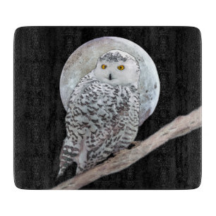 Snowy Owl and Moon Painting - Original Bird Art Cutting Board
