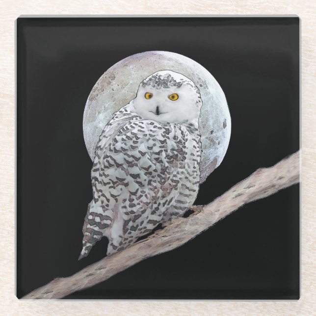 Snowy Owl and Moon Painting - Original Bird Art Glass Coaster (Front)