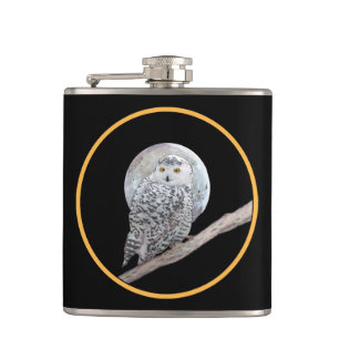 Snowy Owl and Moon Painting - Original Bird Art Hip Flask