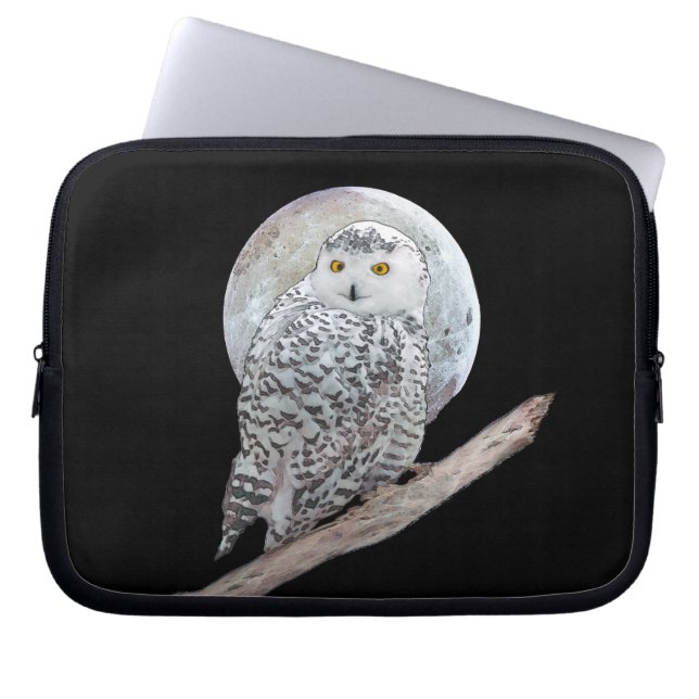 Snowy Owl and Moon Painting - Original Bird Art Laptop Sleeve (Front)