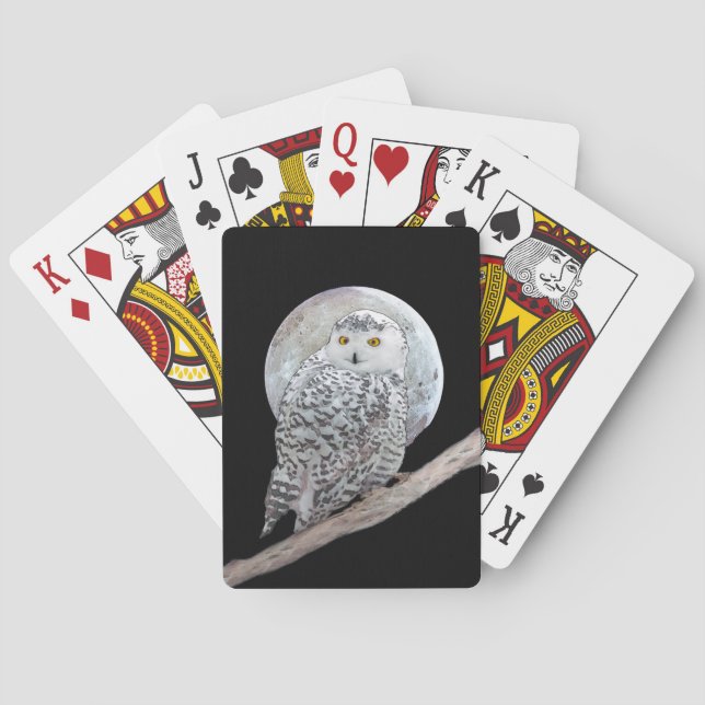 Snowy Owl and Moon Painting - Original Bird Art Playing Cards (Back)