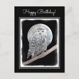Snowy Owl and Moon Painting - Original Bird Art Postcard