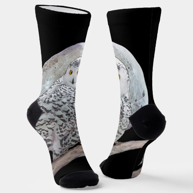Snowy Owl and Moon Painting - Original Bird Art Socks (Angled)