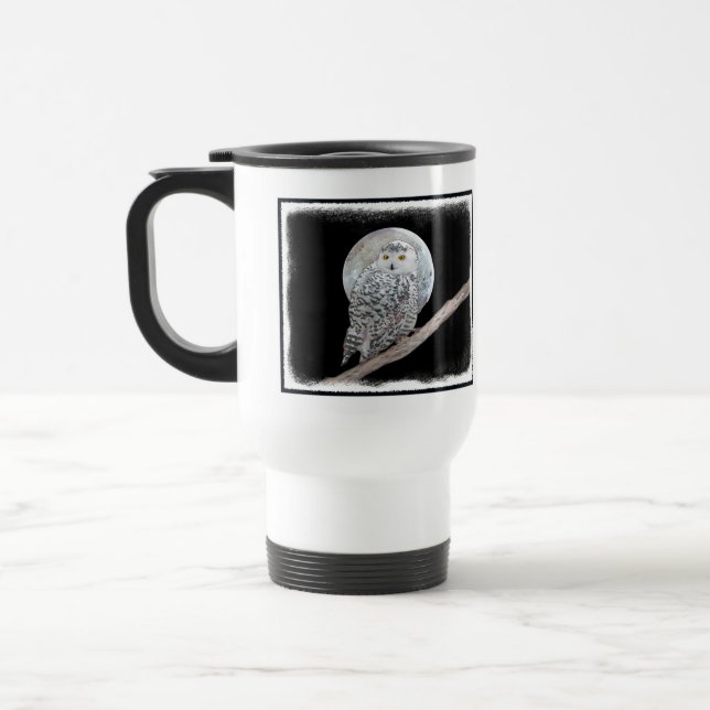 Snowy Owl and Moon Painting - Original Bird Art Travel Mug (Left)