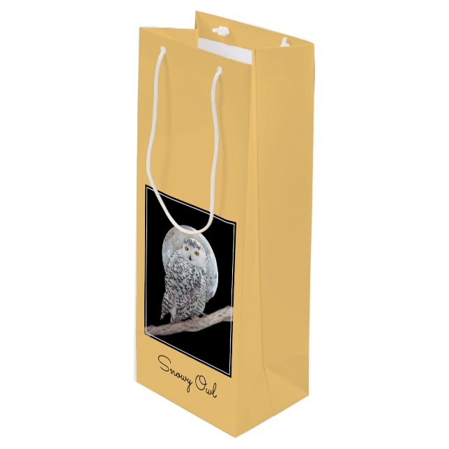Snowy Owl and Moon Painting - Original Bird Art Wine Gift Bag (Front Angled)