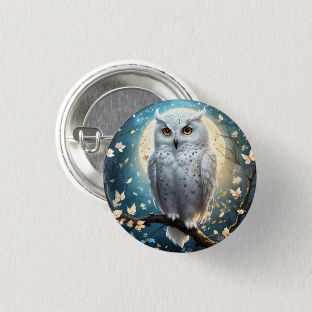 Snowy Owl And Moon With Sparkle, 3 Cm Round Badge (Front & Back)