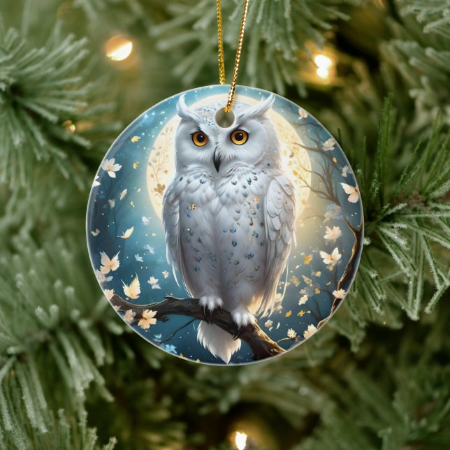 Snowy Owl And Moon With Sparkle, Ceramic Tree Decoration (Tree)