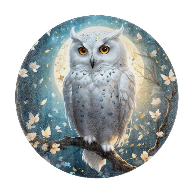 Snowy Owl And Moon With Sparkle, Cutting Board (Front)