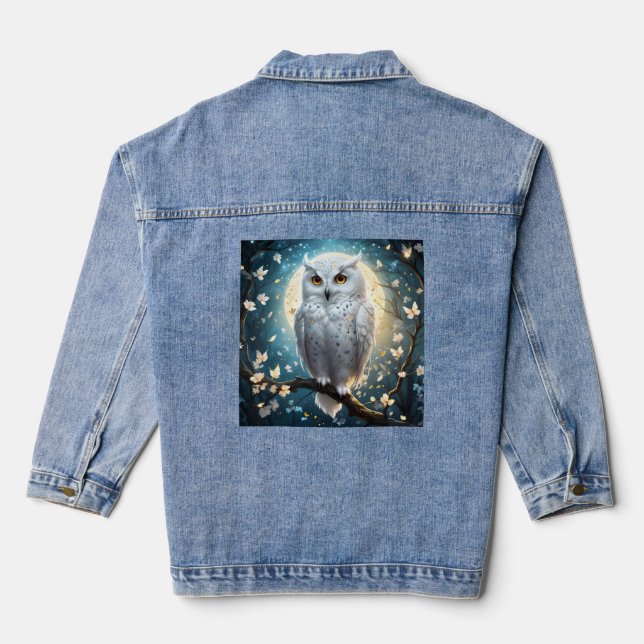 Snowy Owl And Moon With Sparkle, Denim Jacket (Back)