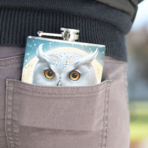 Snowy Owl And Moon With Sparkle, Hip Flask